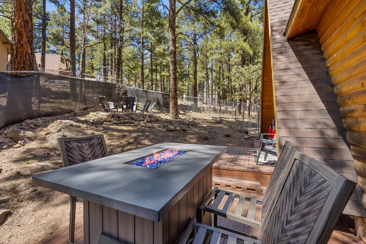 An inviting outdoor seating area with a fire table, surrounded by trees. The arrangement is perfect for groups to gather, share drinks, and watch the sunset or stars, capturing the essence of social relaxation in nature.
